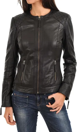 D DOLLY LAMB Women's Lambskin Leather Moto Biker Jacket, Winter Wear Round Neck Collar Jacket for Bike Riding & Casual Wear