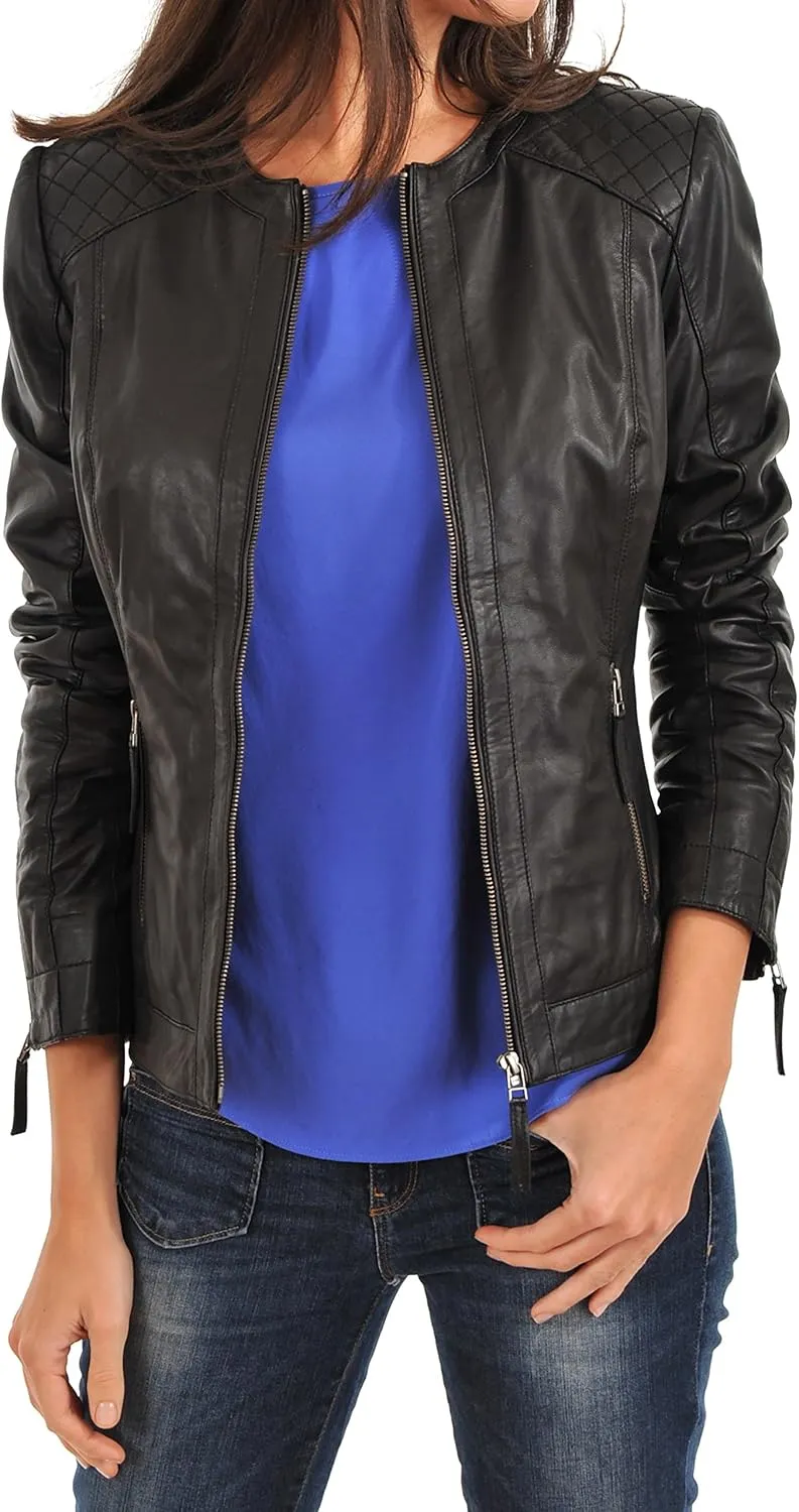 D DOLLY LAMB Women's Lambskin Leather Moto Biker Jacket, Winter Wear Round Neck Collar Jacket for Bike Riding & Casual Wear