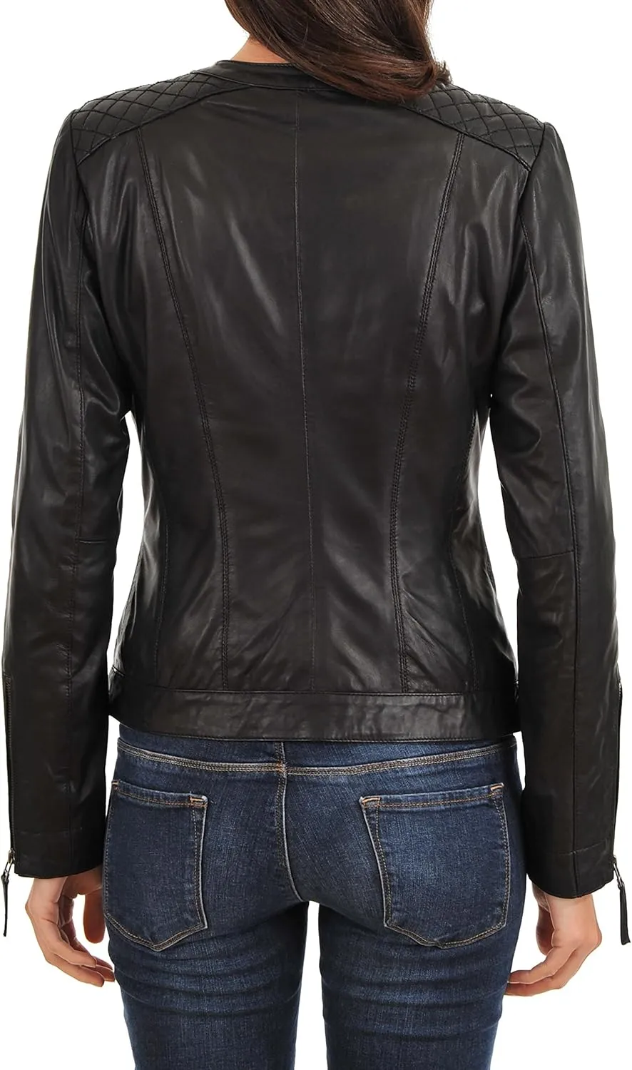 D DOLLY LAMB Women's Lambskin Leather Moto Biker Jacket, Winter Wear Round Neck Collar Jacket for Bike Riding & Casual Wear