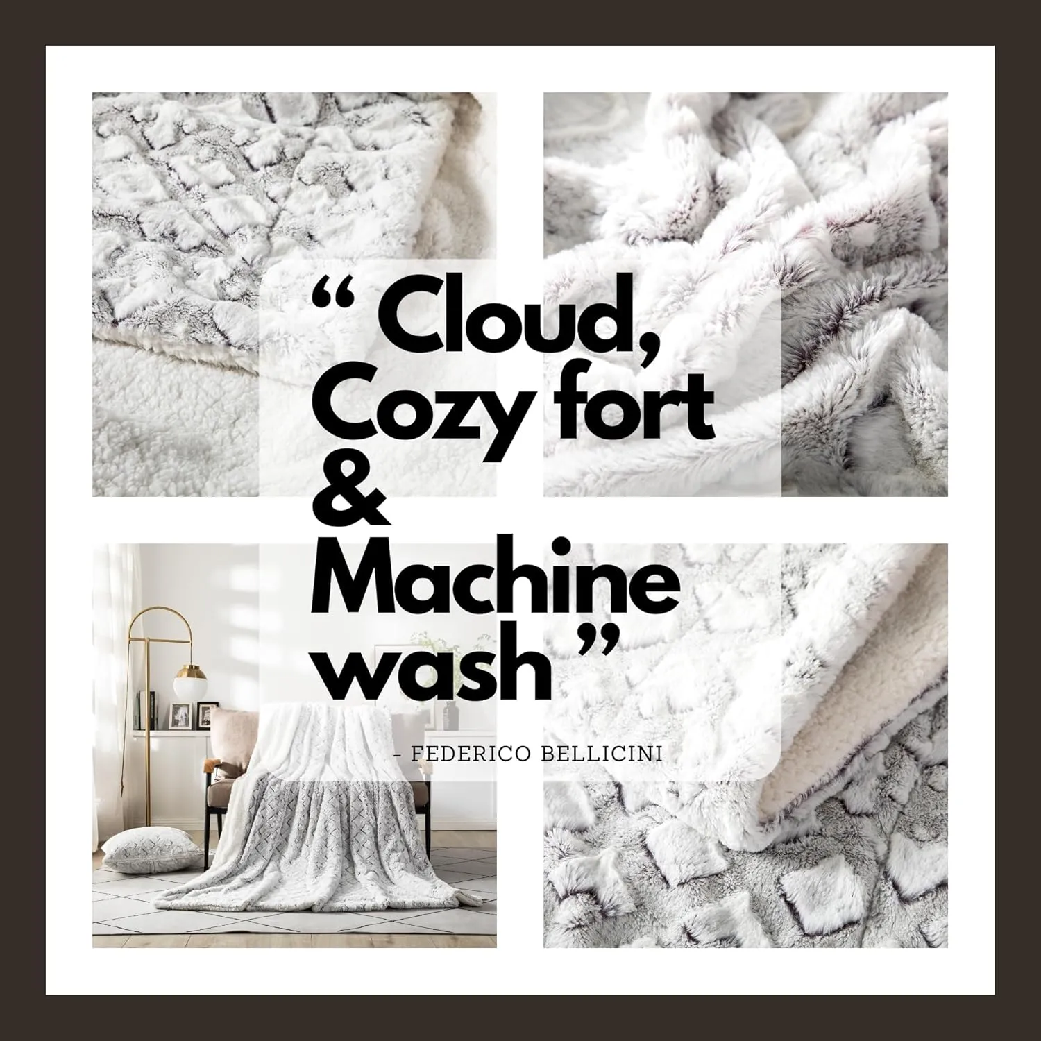 DaDa Bedding Luxury White Faux Fur Throw Blanket - Dreamy Milky Way Cloud Purple Undertone Embossed Sherpa Backside - Super Soft Warm Cozy Plush Fluffy - 50" x 60"