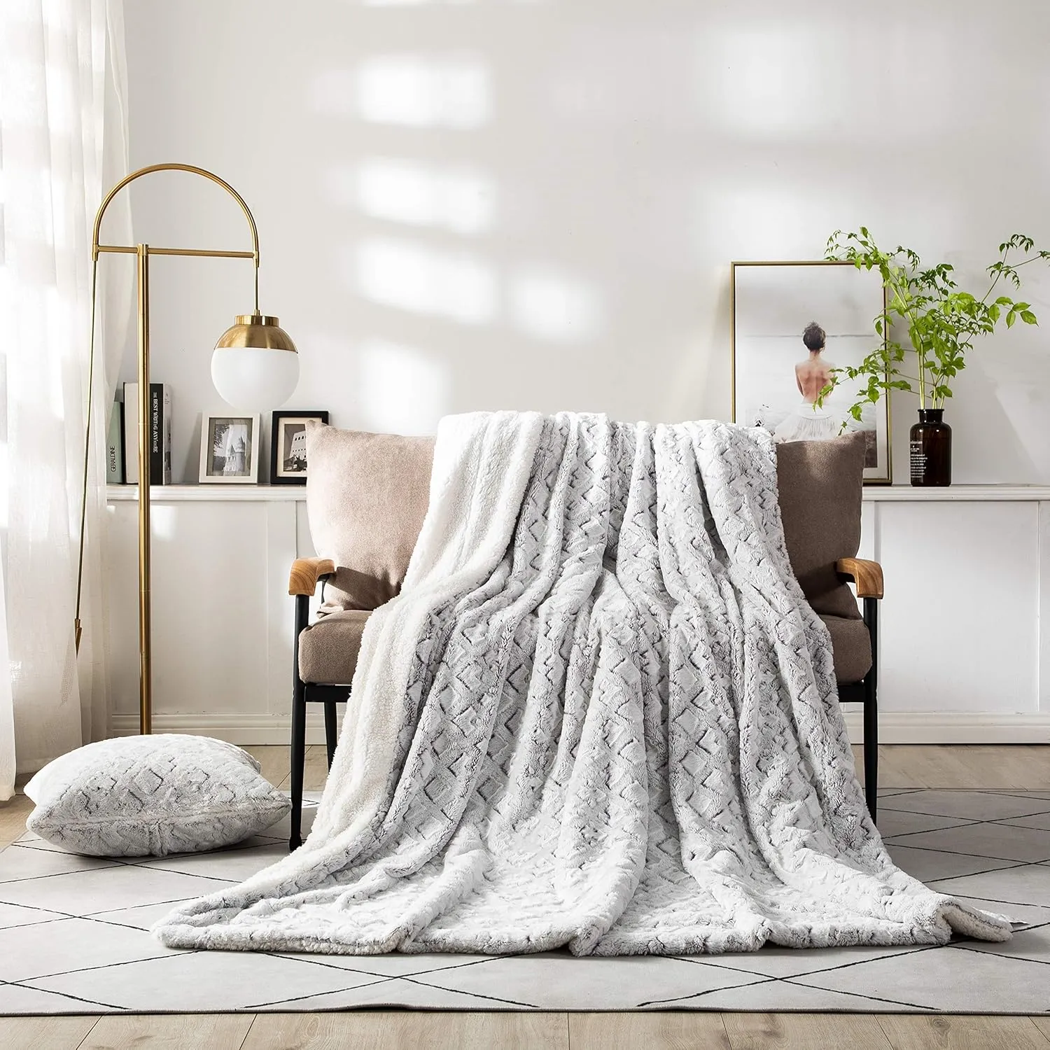 DaDa Bedding Luxury White Faux Fur Throw Blanket - Dreamy Milky Way Cloud Purple Undertone Embossed Sherpa Backside - Super Soft Warm Cozy Plush Fluffy - 50" x 60"