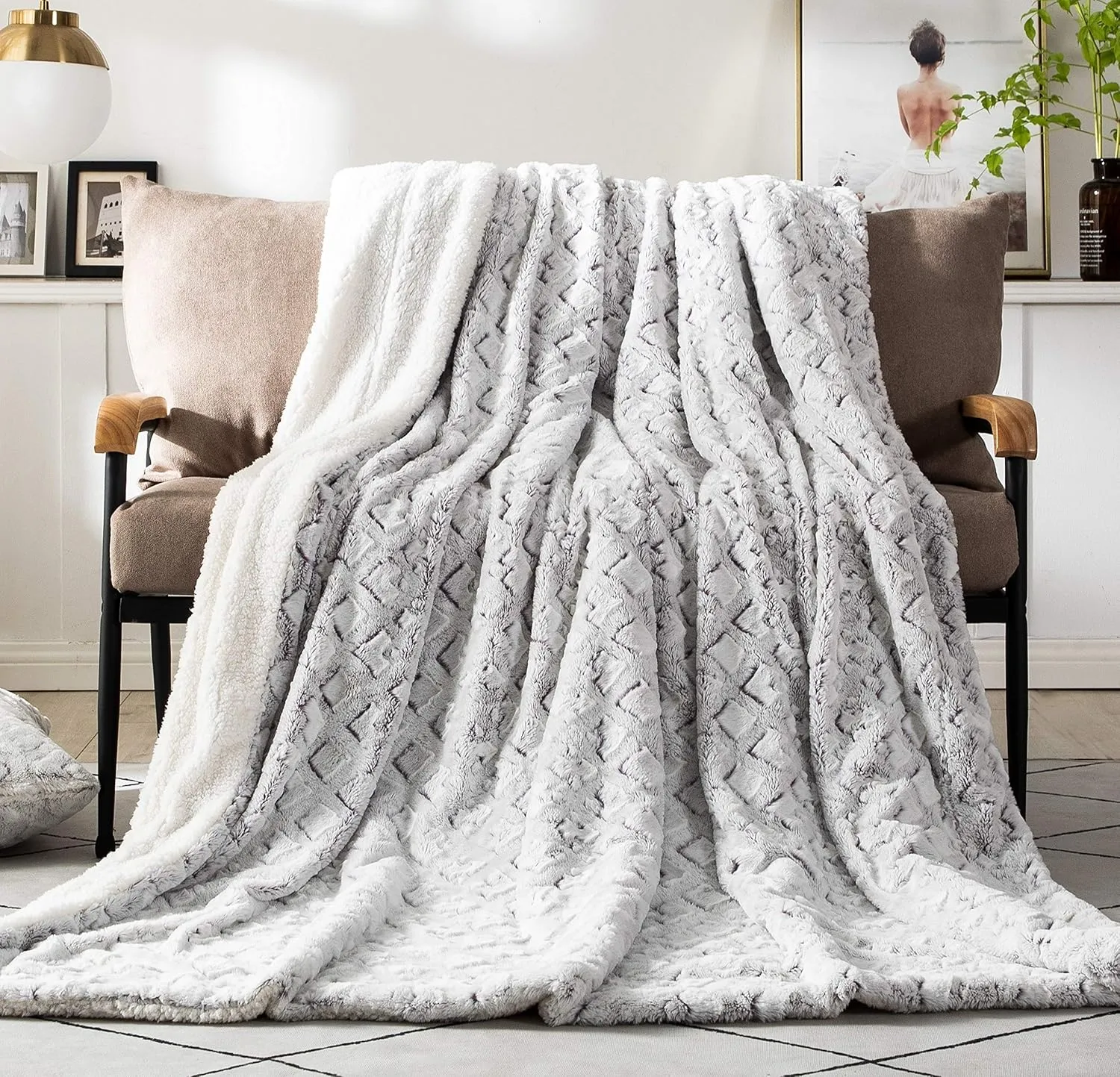 DaDa Bedding Luxury White Faux Fur Throw Blanket - Dreamy Milky Way Cloud Purple Undertone Embossed Sherpa Backside - Super Soft Warm Cozy Plush Fluffy - 50" x 60"