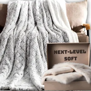 DaDa Bedding Luxury White Faux Fur Throw Blanket - Dreamy Milky Way Cloud Purple Undertone Embossed Sherpa Backside - Super Soft Warm Cozy Plush Fluffy - 50" x 60"