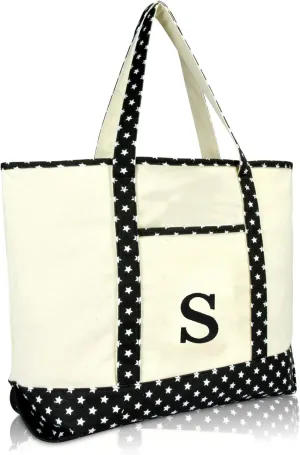 DALIX Initial Tote Bag Personalized Monogram Black Star Zippered Top Letter - S