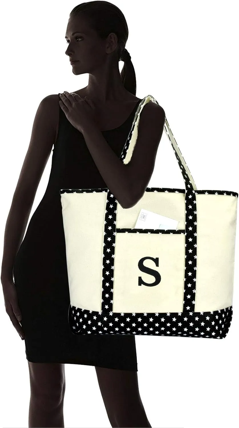 DALIX Initial Tote Bag Personalized Monogram Black Star Zippered Top Letter - S