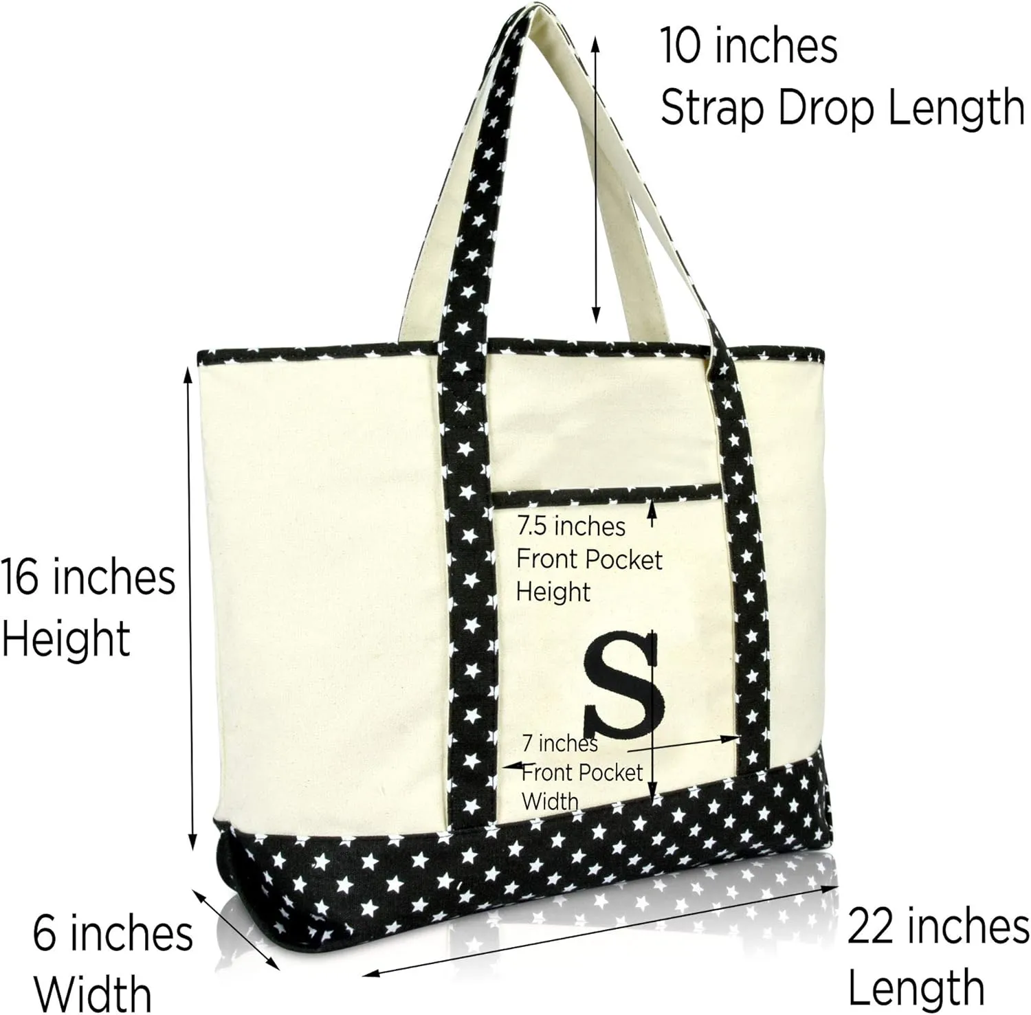 DALIX Initial Tote Bag Personalized Monogram Black Star Zippered Top Letter - S