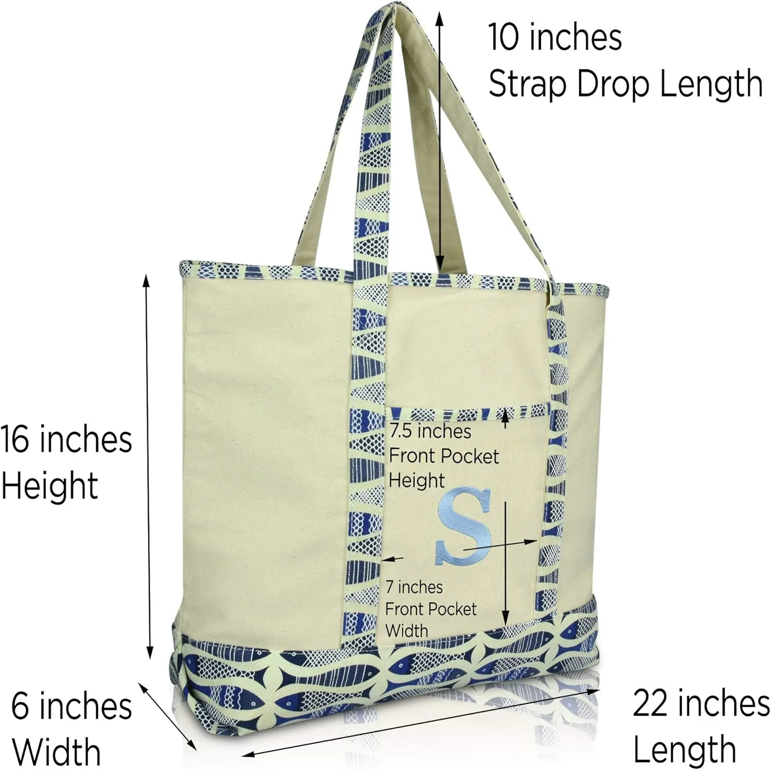 DALIX Initial Tote Bag Personalized Monogram Blue Antique Fish Zippered Top Bold Letter - S