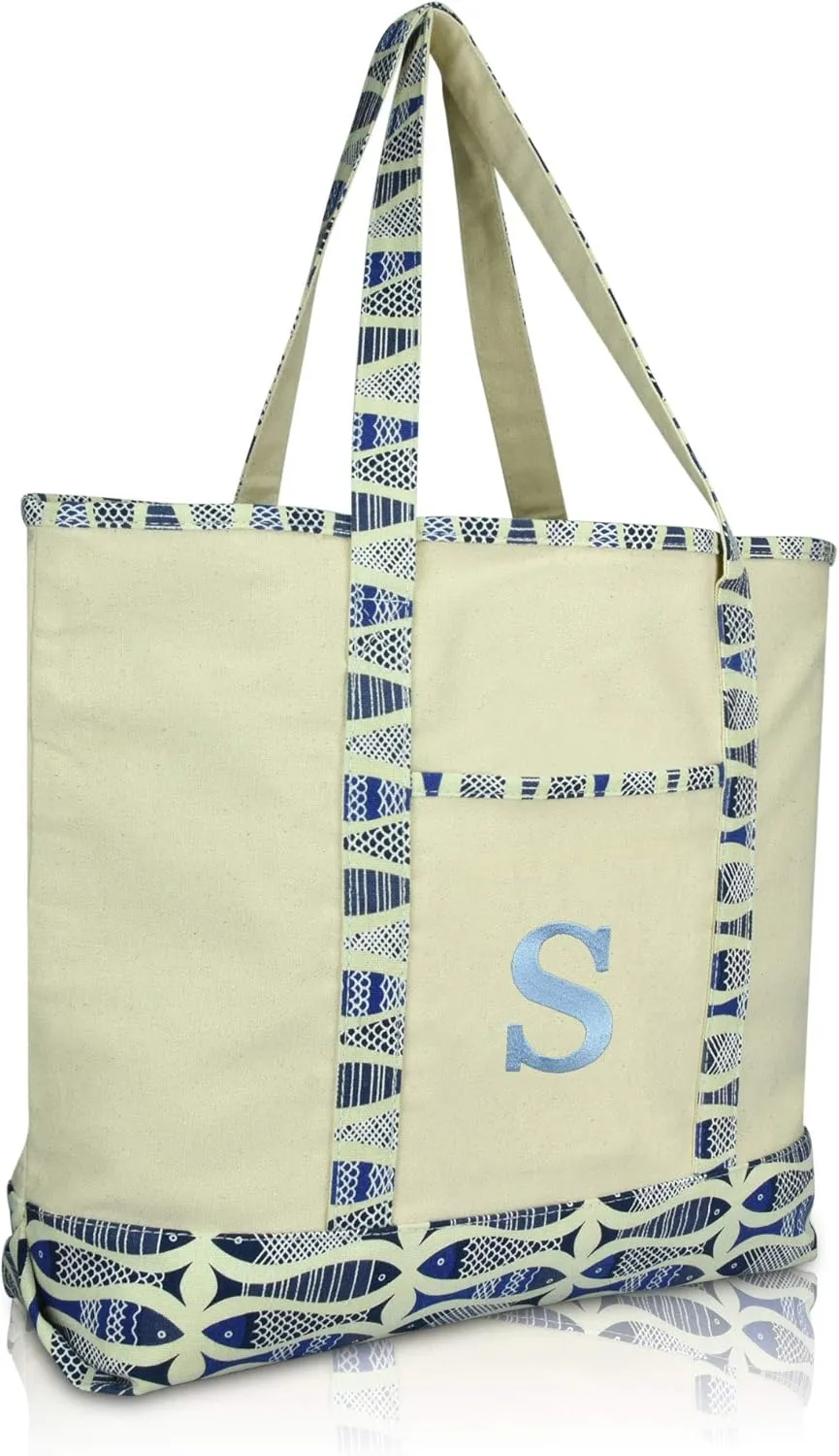 DALIX Initial Tote Bag Personalized Monogram Blue Antique Fish Zippered Top Bold Letter - S