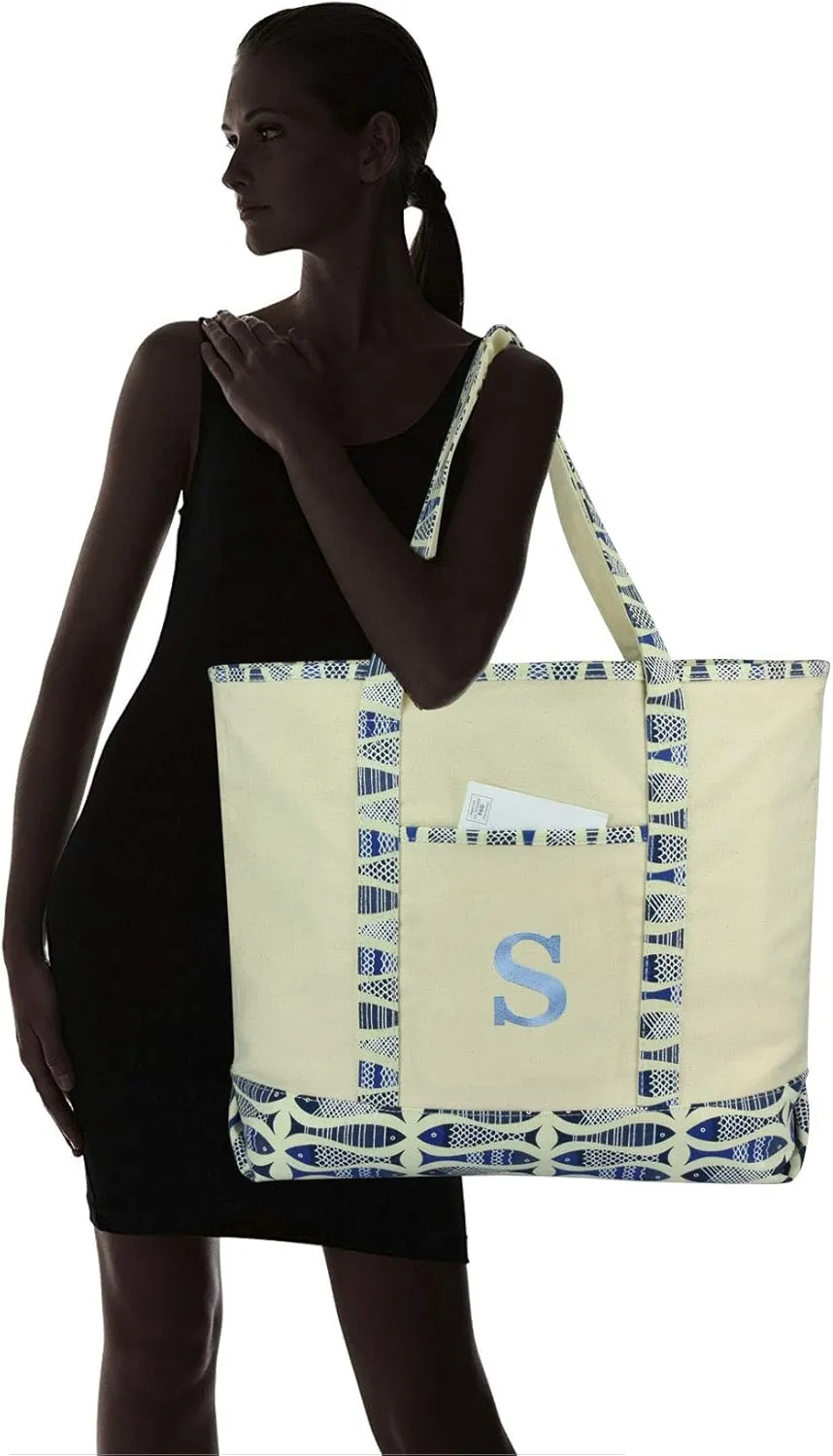 DALIX Initial Tote Bag Personalized Monogram Blue Antique Fish Zippered Top Bold Letter - S
