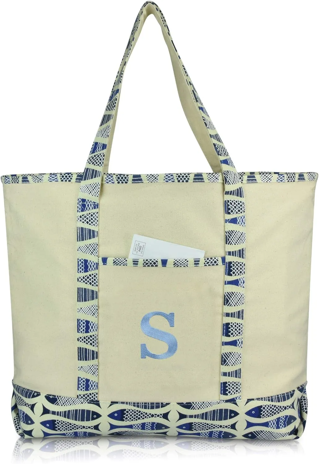 DALIX Initial Tote Bag Personalized Monogram Blue Antique Fish Zippered Top Bold Letter - S
