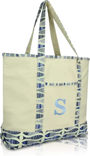 DALIX Initial Tote Bag Personalized Monogram Blue Antique Fish Zippered Top Bold Letter - S