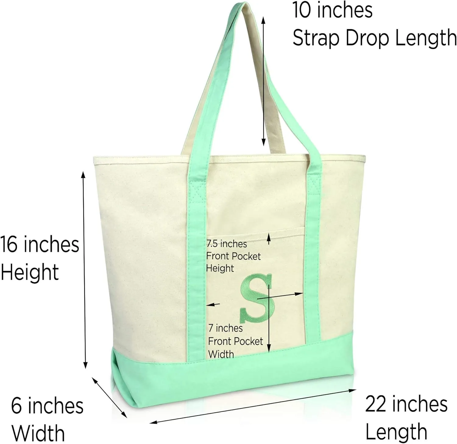 DALIX Initial Tote Bag Personalized Monogram Mint Green Zippered Top Letter - S