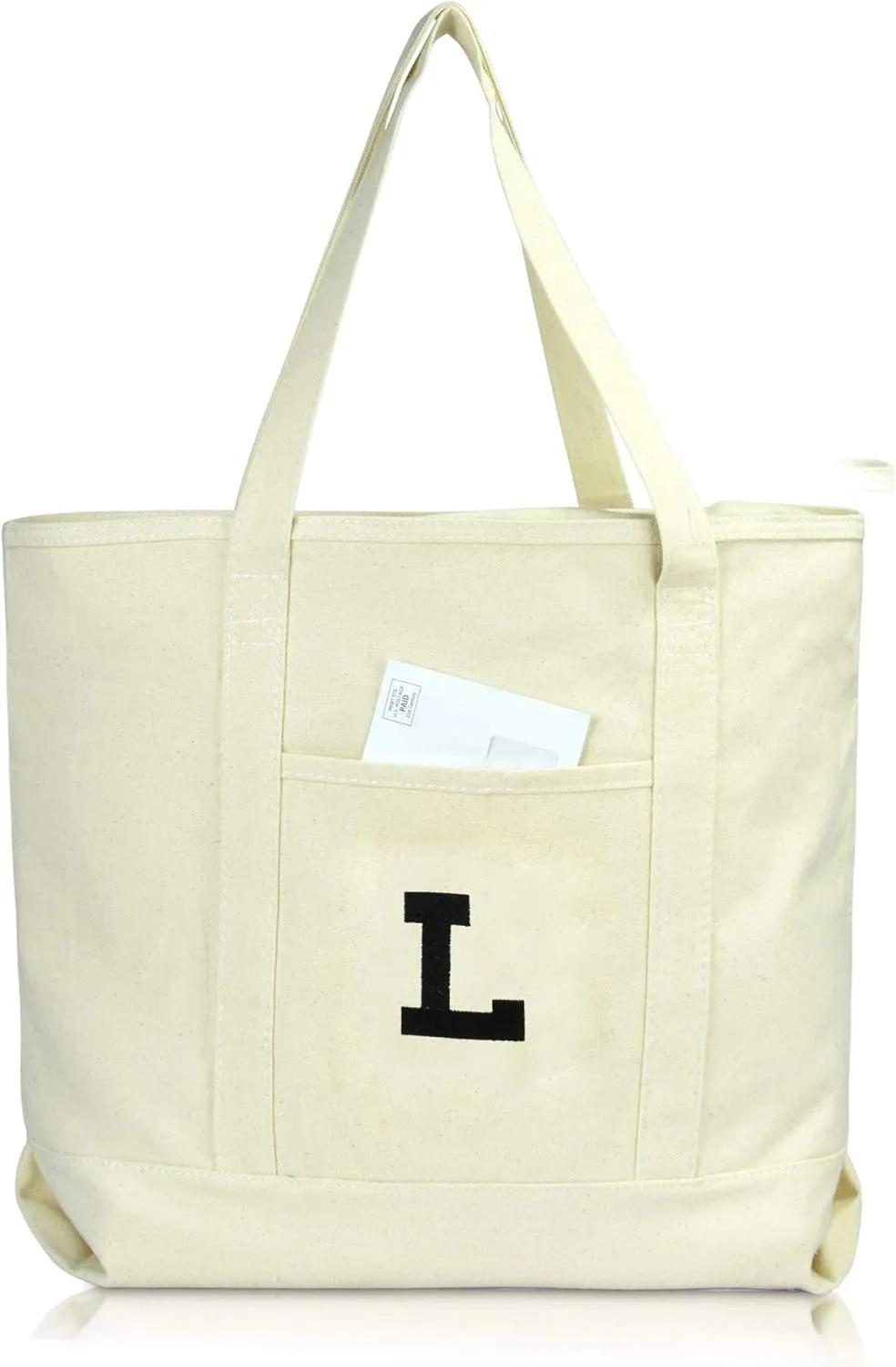 DALIX Initial Tote Bag Personalized Monogram Natural Zippered Top Letter - L