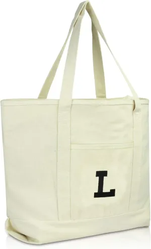 DALIX Initial Tote Bag Personalized Monogram Natural Zippered Top Letter - L