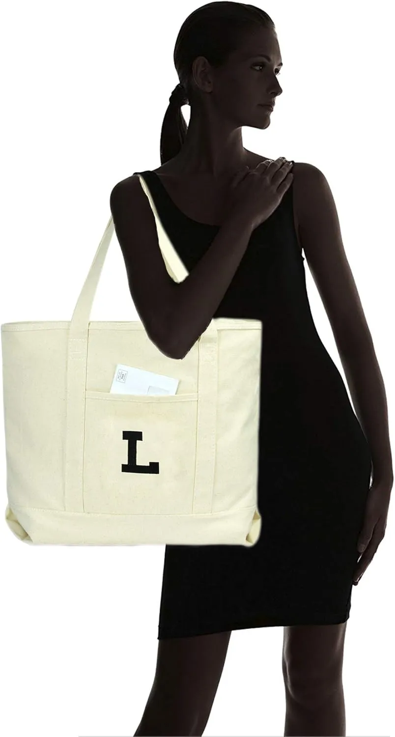 DALIX Initial Tote Bag Personalized Monogram Natural Zippered Top Letter - L