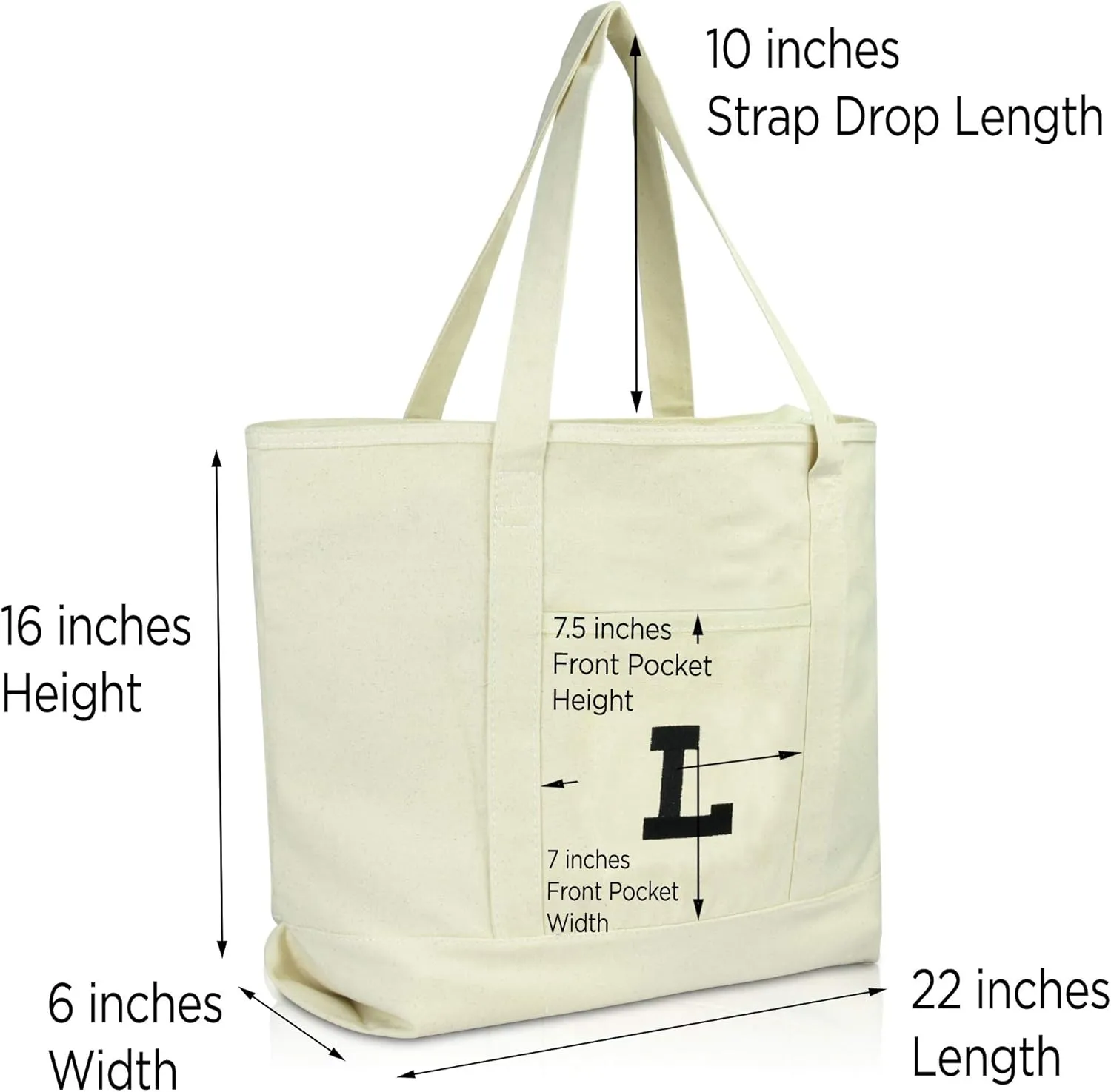 DALIX Initial Tote Bag Personalized Monogram Natural Zippered Top Letter - L
