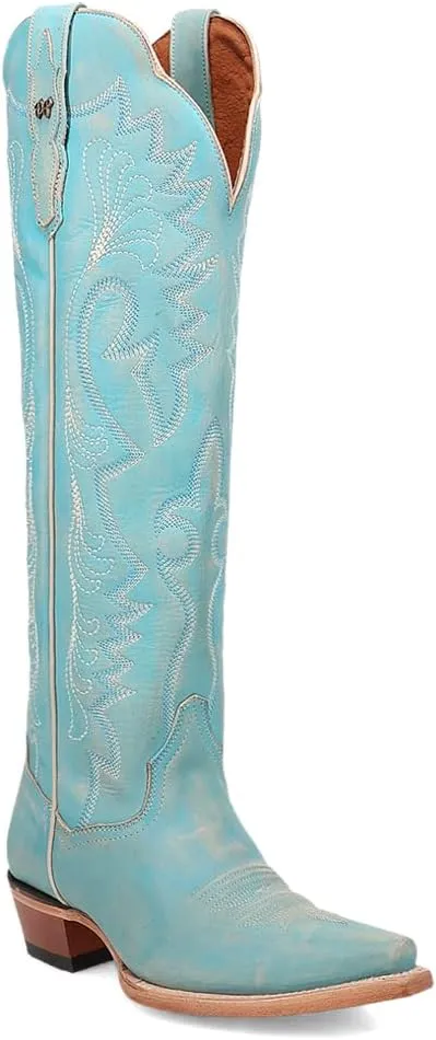 Dan Post Boots Womens Celeste Embroidered Snip Toe Casual Boots Over the Knee Low Heel 1-2" - Blue
