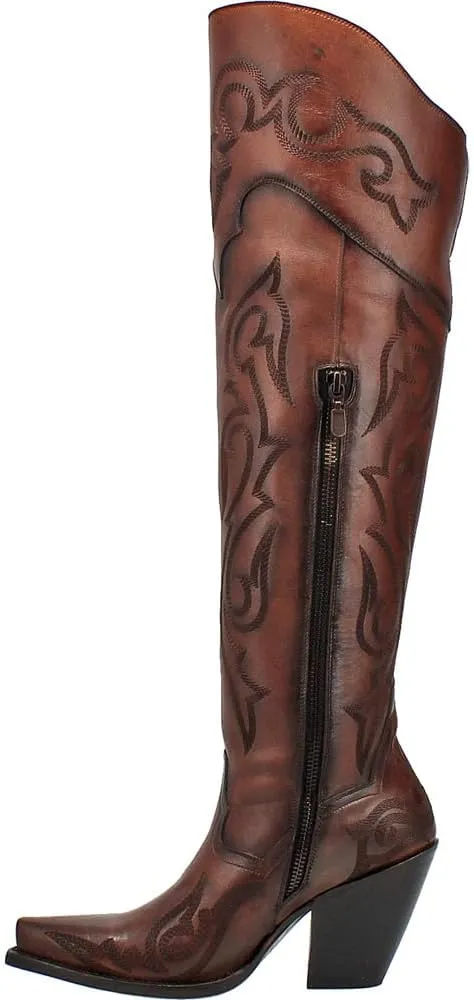 Dan Post Womens Seductress Embroidered Snip Toe Zippered Dress Boots Over the Knee High Heel 3" & Up - Brown