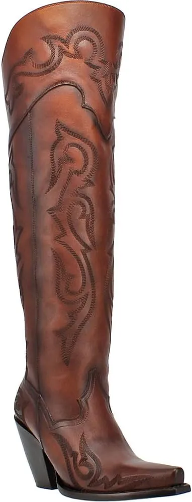 Dan Post Womens Seductress Embroidered Snip Toe Zippered Dress Boots Over the Knee High Heel 3" & Up - Brown