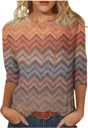 DASAYO Womens Fashion 2024 3/4 Sleeve Shirts Crewneck Casual Plus Size Tops for Women Trendy Tie Die Print Going Out Tops