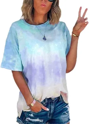 DASAYO Women's Fashion Summer Top Shirt Loose Short Sleeve Gradient Tie Dye T-Shirt Blouse Trendy Casual Cute Tees Shirts