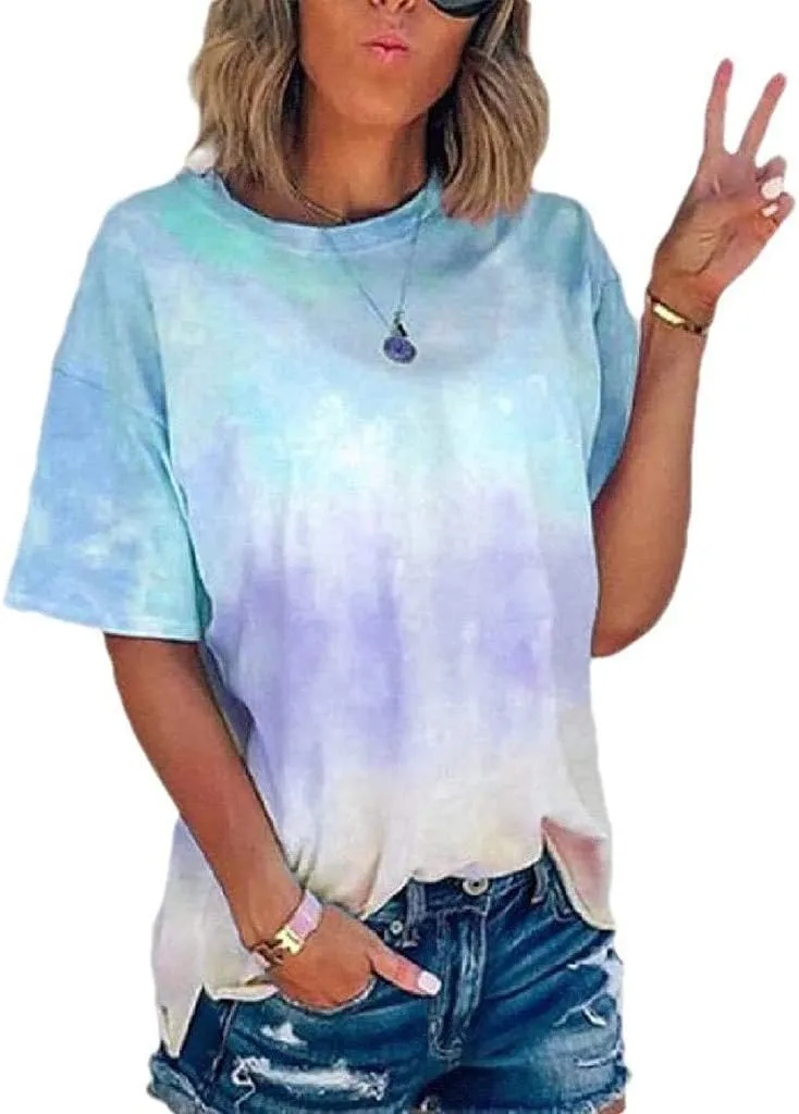 DASAYO Women's Fashion Summer Top Shirt Loose Short Sleeve Gradient Tie Dye T-Shirt Blouse Trendy Casual Cute Tees Shirts