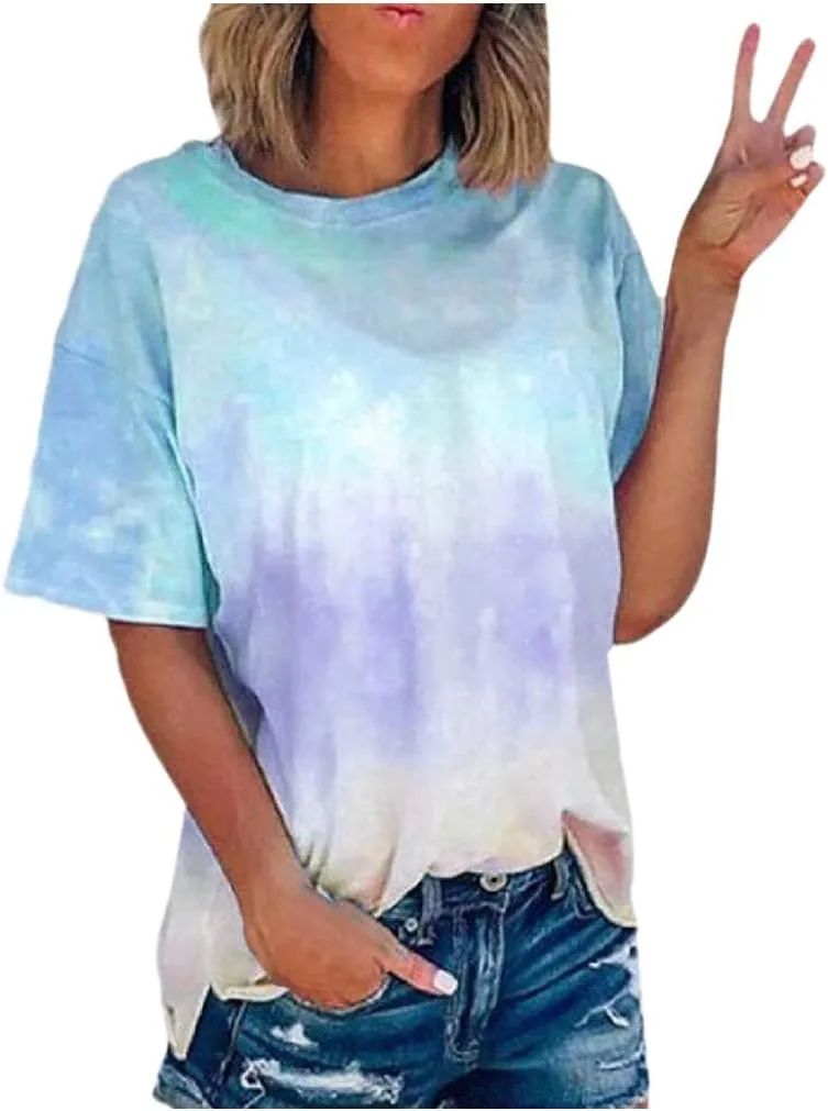 DASAYO Women's Fashion Summer Top Shirt Loose Short Sleeve Gradient Tie Dye T-Shirt Blouse Trendy Casual Cute Tees Shirts