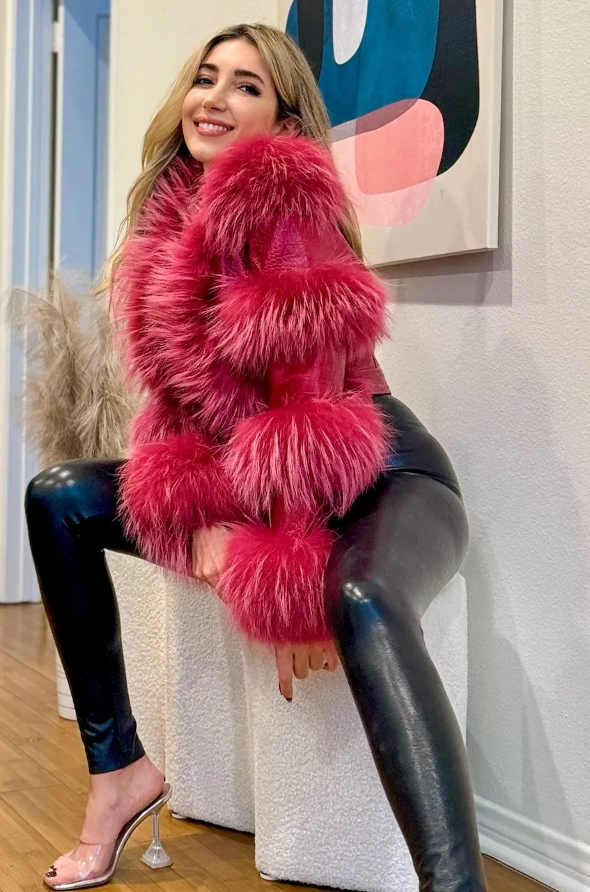 Della Fur Trim Crop Leather Jacket in Pomegranate