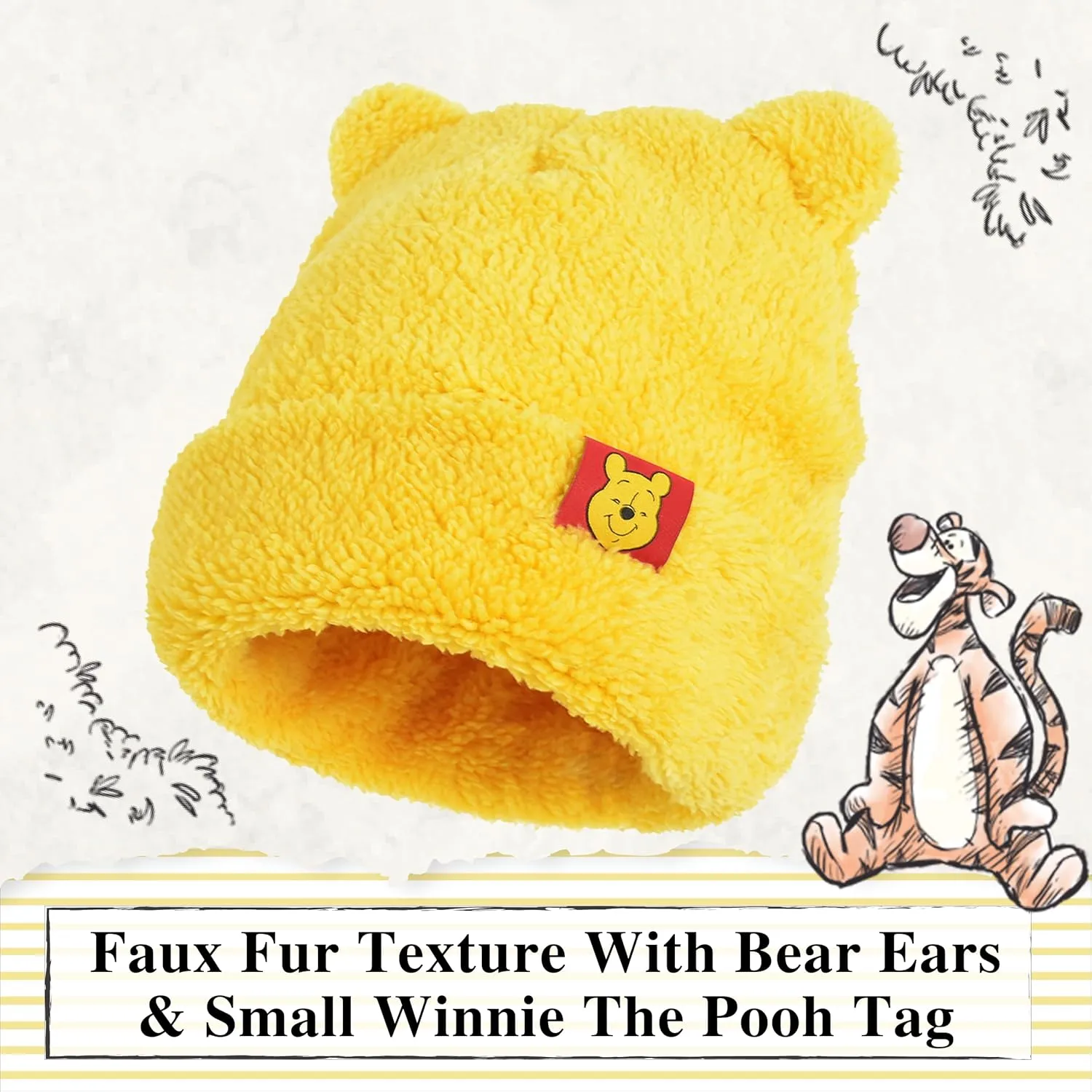 Disney Winnie The Pooh Beanie Hat, Winter Knit Cap with 3D Ears, Yellow