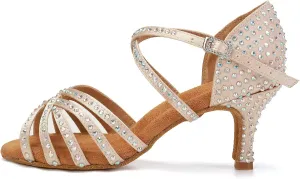 DKZSYIM Women's Satin Latin Dance Shoes Ballroom Performance Shoes,Model AFCT404