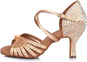 DKZSYIM Women's Satin Latin Dance Shoes Ballroom Performance Shoes,Model AFCT404