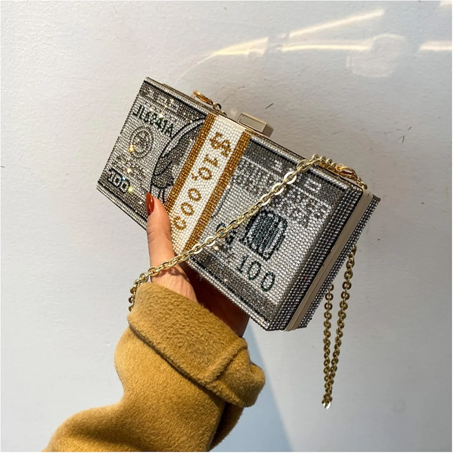 Dollar Money Stack of Cash Glitter Rhinestone Crystal Clutch Purse for Women and Girls (Grey)