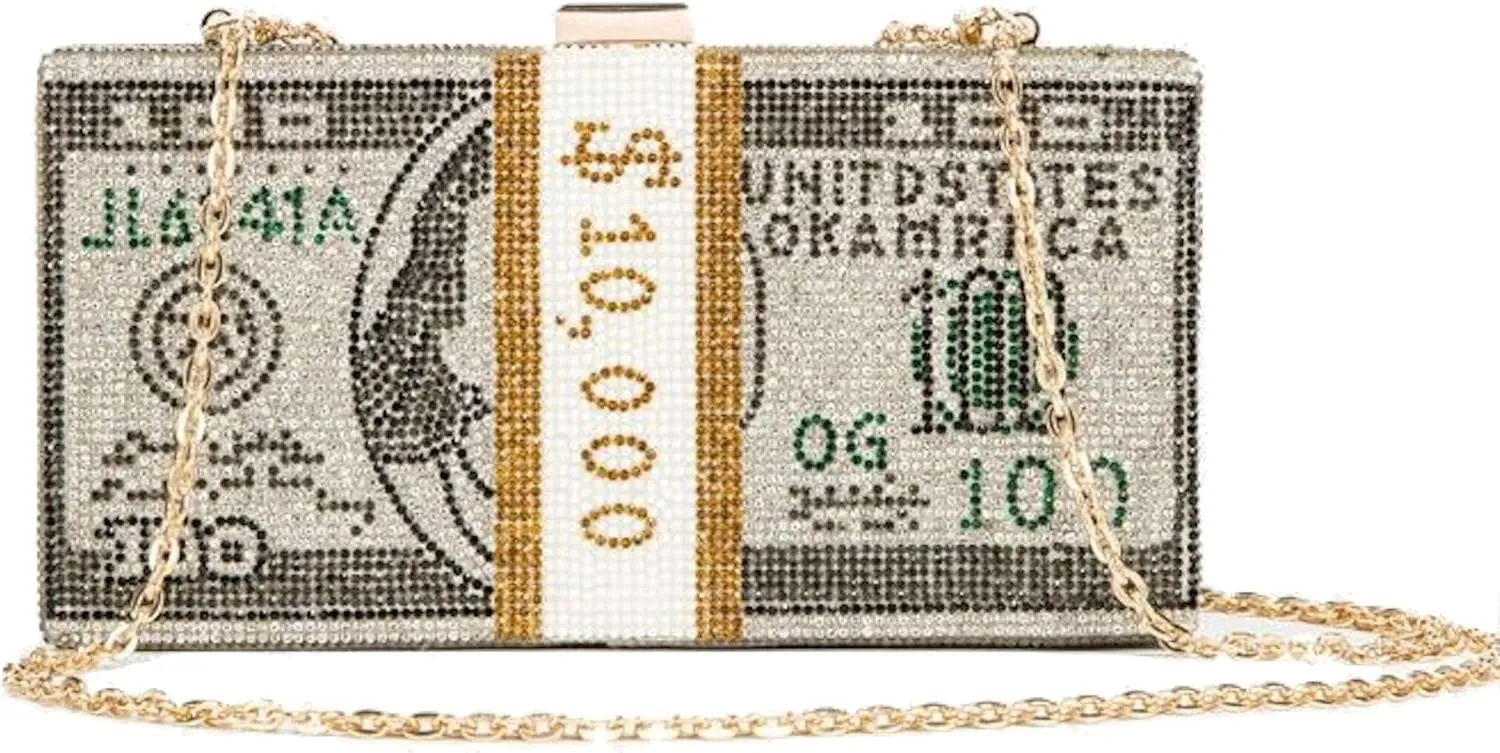 Dollar Money Stack of Cash Glitter Rhinestone Crystal Clutch Purse for Women and Girls (Grey)