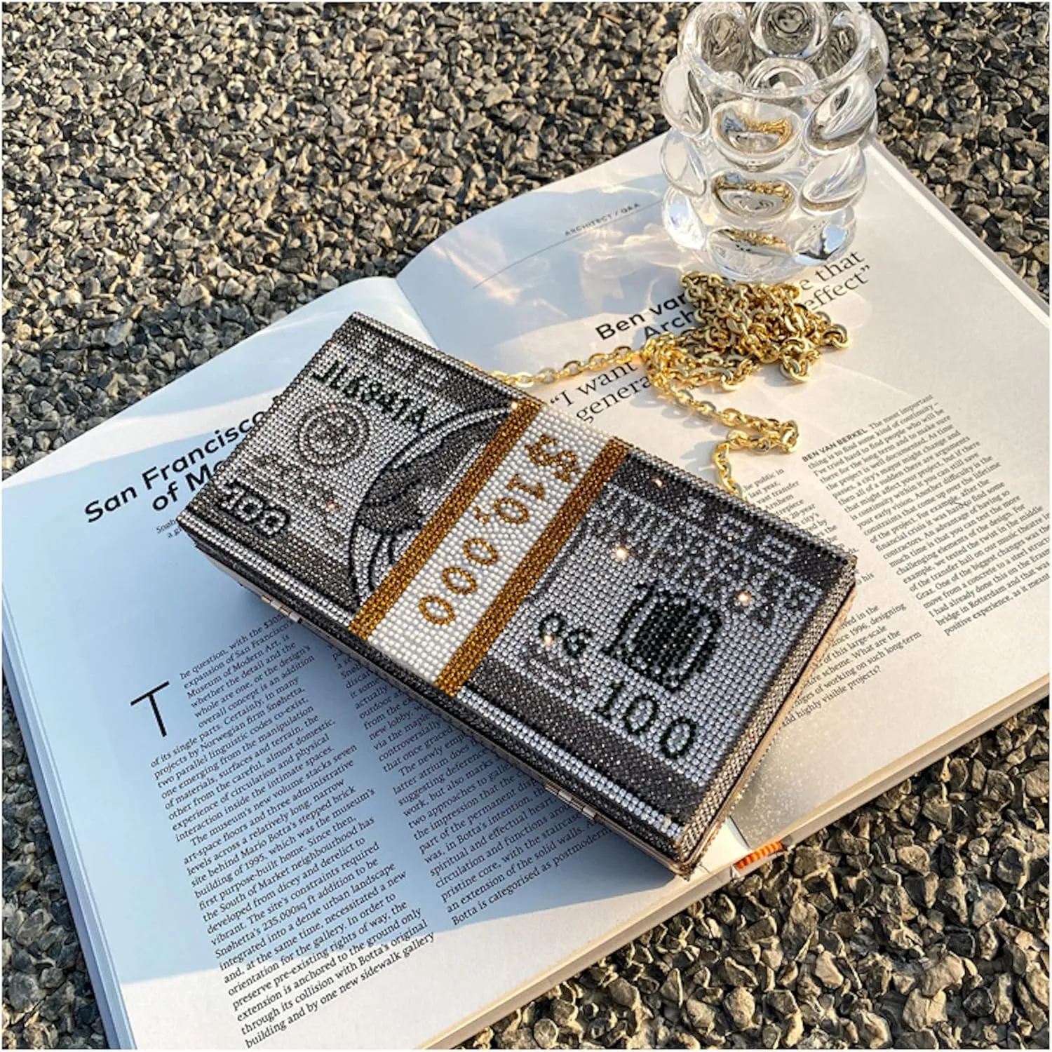 Dollar Money Stack of Cash Glitter Rhinestone Crystal Clutch Purse for Women and Girls (Grey)