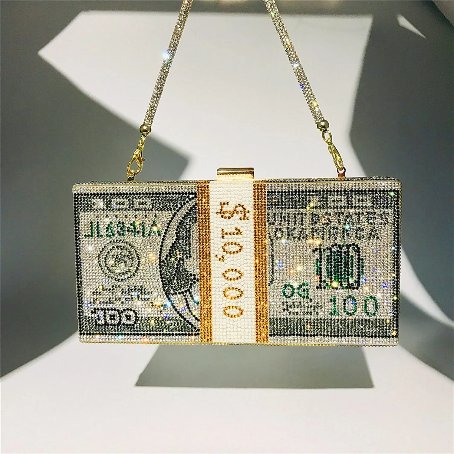 Dollar Money Stack of Cash Glitter Rhinestone Crystal Clutch Purse for Women and Girls (Grey)