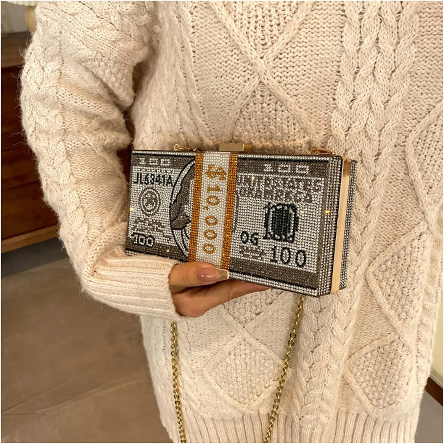 Dollar Money Stack of Cash Glitter Rhinestone Crystal Clutch Purse for Women and Girls (Grey)