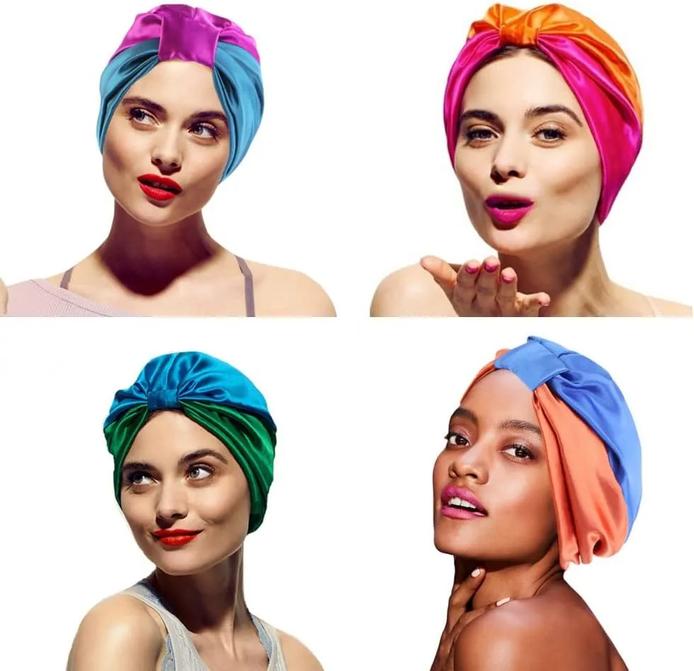 Double-Layer Stretch Satin Turban Cap Simulation Silk Night Cap Hair Care Cap Chemotherapy Cap (3 pcs)