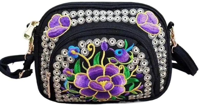 Double-Sided Embroidery Canvas Mini Crossbody Bag for Women - Ethnic Style Wallet & Mobile Phone Purse