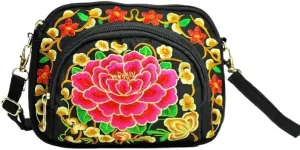 Double-Sided Embroidery Canvas Mini Crossbody Bag for Women - Ethnic Style Wallet & Mobile Phone Purse
