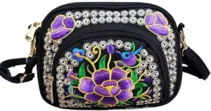 Double-Sided Embroidery Canvas Mini Crossbody Bag for Women - Ethnic Style Wallet & Mobile Phone Purse