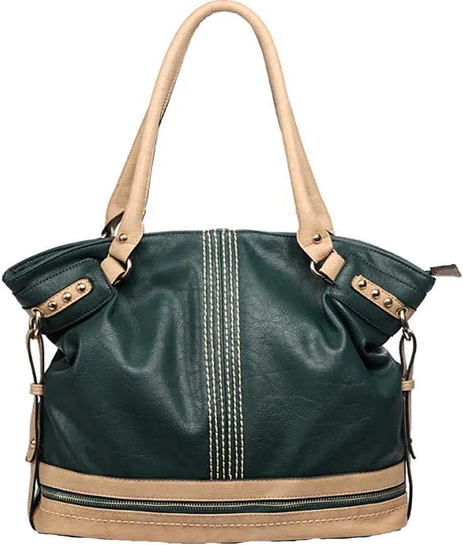 DS Designer Color Block Bold Ivy stitching Studs shoulder zipper L bag handbag