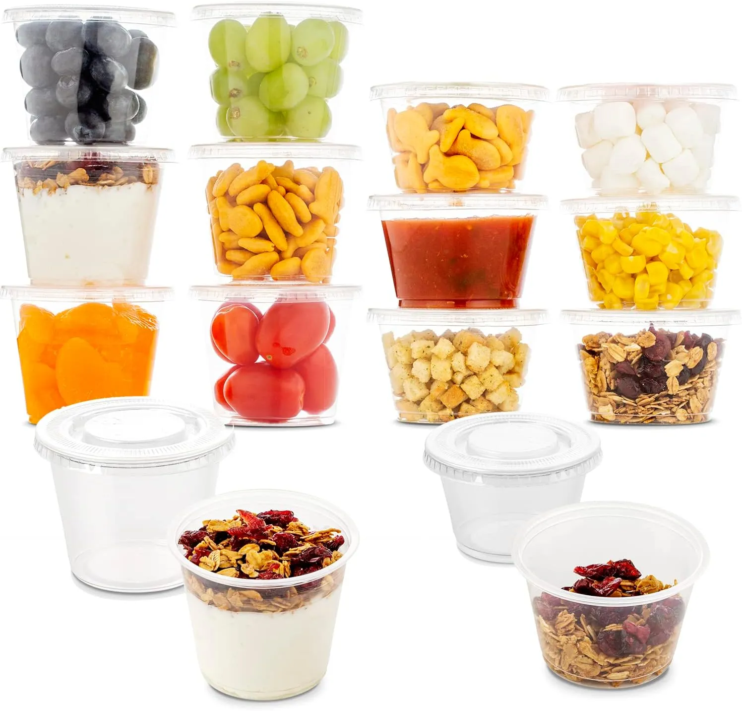 DuraHome Plastic Portion Cups with Lids 4 oz. & 5.5oz. Combo Pack of 150 Leakproof Jello Cup Mini Containers for Salad Dressing Sauce Condiment Snack Souffle and Salsa, Disposable, Interchangeable