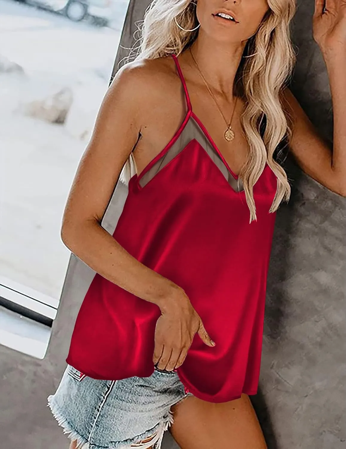 Ekouaer Silk Tank Top for Women Mesh V Neck Satin Camisole Silky Sleeveless Tank Cami Shirt