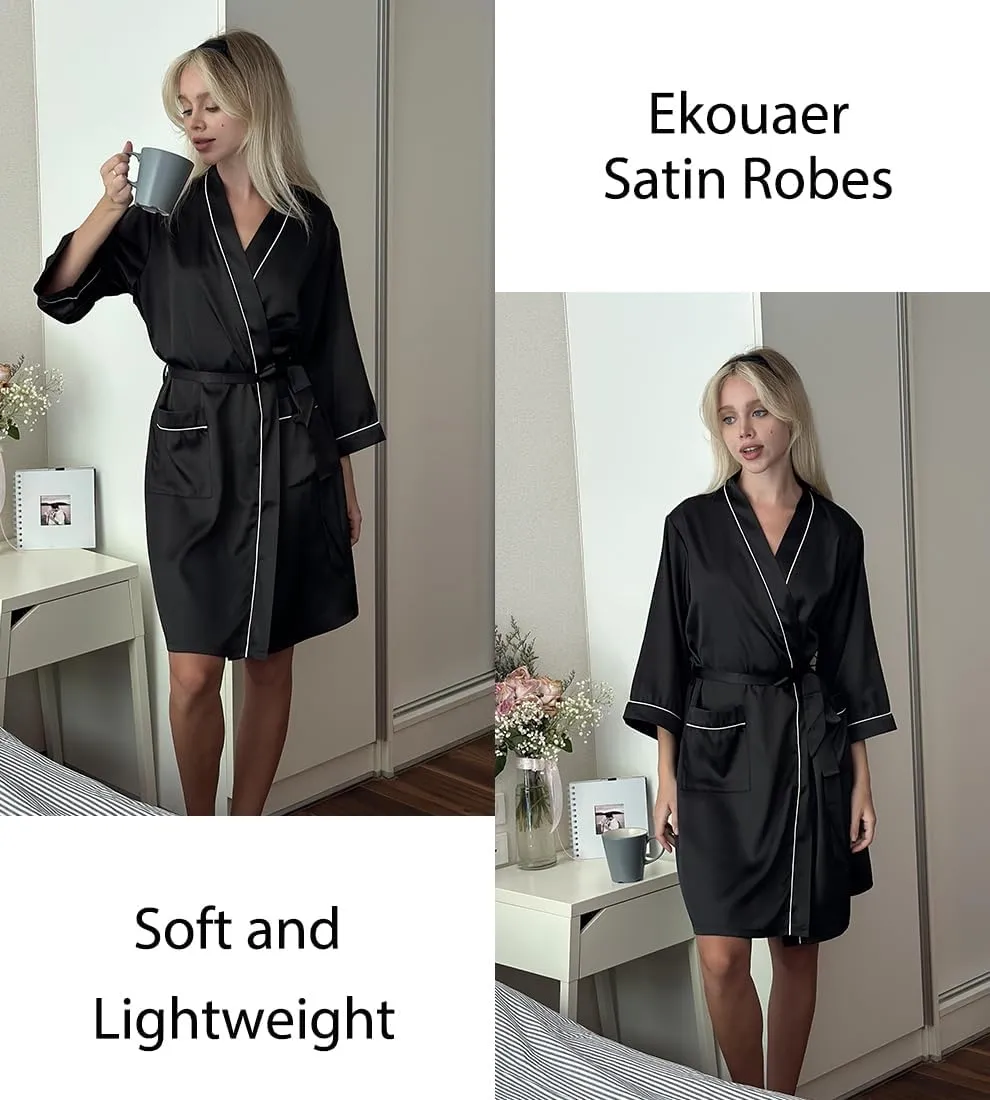 Ekouaer Silky Robes for Women Satin Knee Length Bride Bridesmaid Wedding Party Bathrobe Lightweight Sleepwear with Pockets