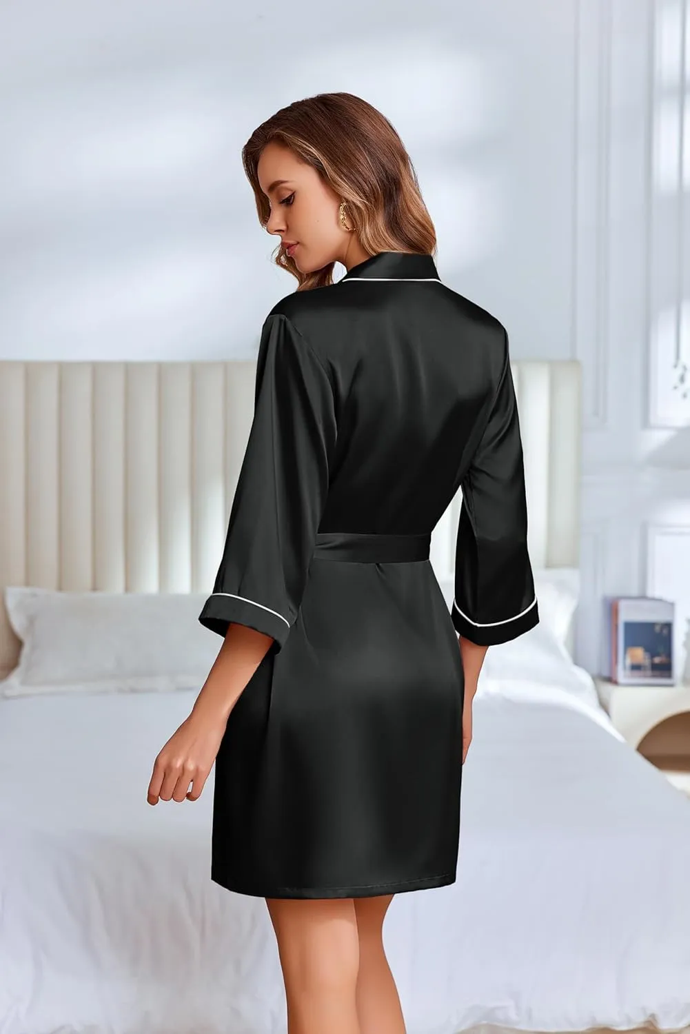 Ekouaer Silky Robes for Women Satin Knee Length Bride Bridesmaid Wedding Party Bathrobe Lightweight Sleepwear with Pockets