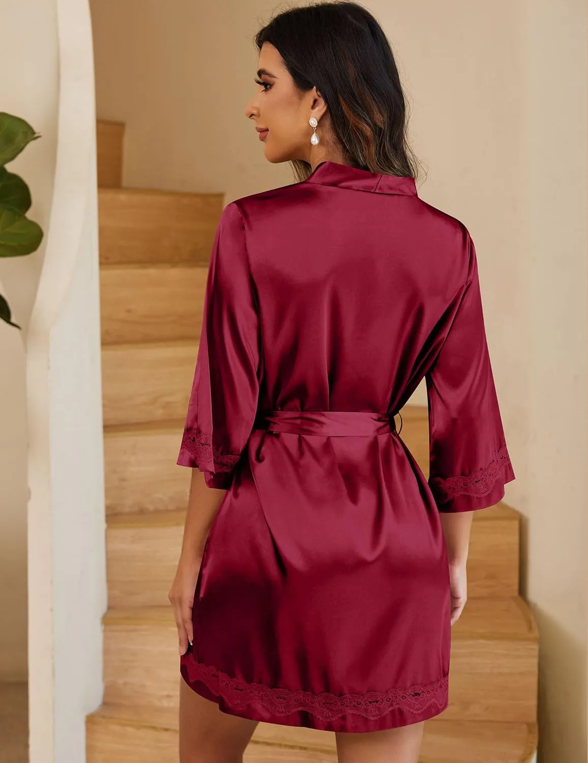 Ekouaer Women's Lace-Trim Silk Robes Bride Bridesmaid Kimono Satin Bathrobe V Neck Sleepwear with 3/4 Sleeve