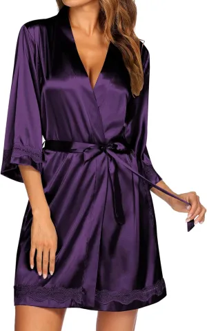 Ekouaer Women's Lace-Trim Silk Robes Bride Bridesmaid Kimono Satin Bathrobe V Neck Sleepwear with 3/4 Sleeve