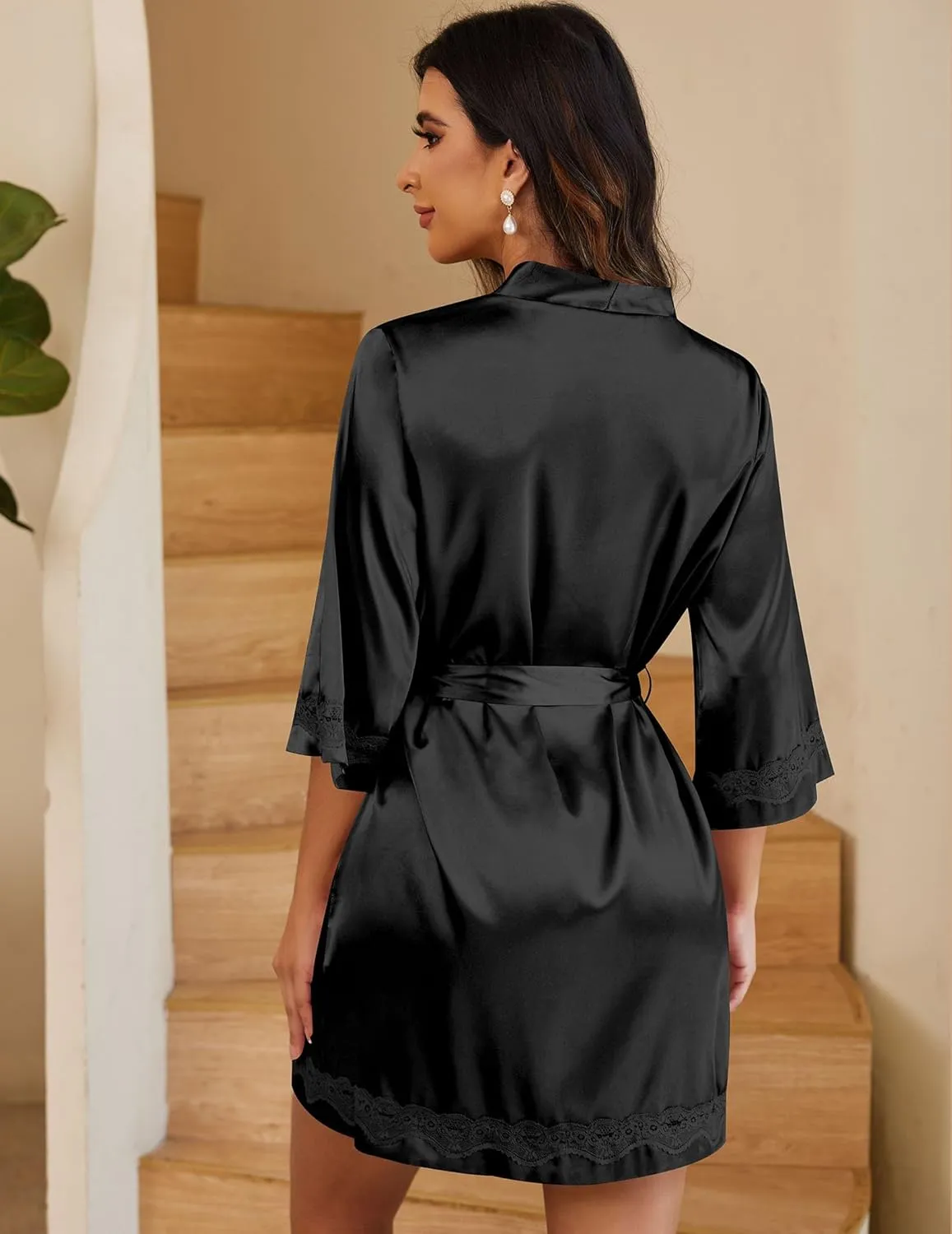 Ekouaer Women's Lace-Trim Silk Robes Bride Bridesmaid Kimono Satin Bathrobe V Neck Sleepwear with 3/4 Sleeve