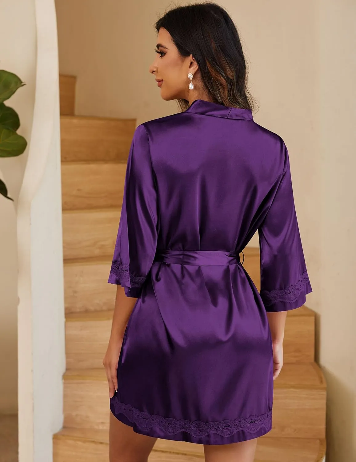 Ekouaer Women's Lace-Trim Silk Robes Bride Bridesmaid Kimono Satin Bathrobe V Neck Sleepwear with 3/4 Sleeve