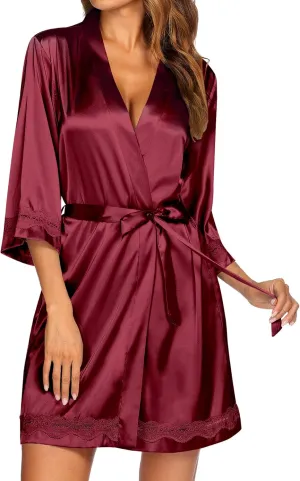 Ekouaer Women's Lace-Trim Silk Robes Bride Bridesmaid Kimono Satin Bathrobe V Neck Sleepwear with 3/4 Sleeve